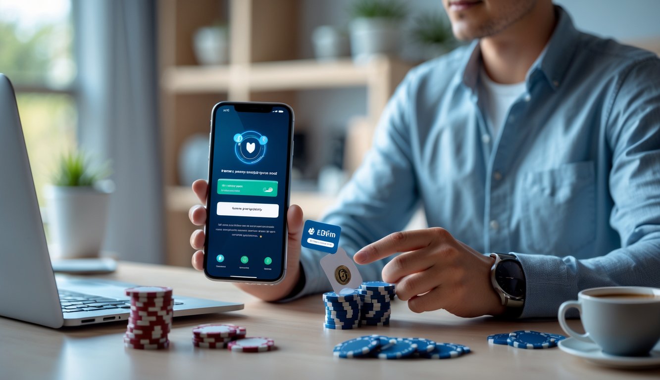 Seorang dewasa muda menggunakan ponsel di meja kerja dengan laptop dan alat permainan kartu di latar belakang.