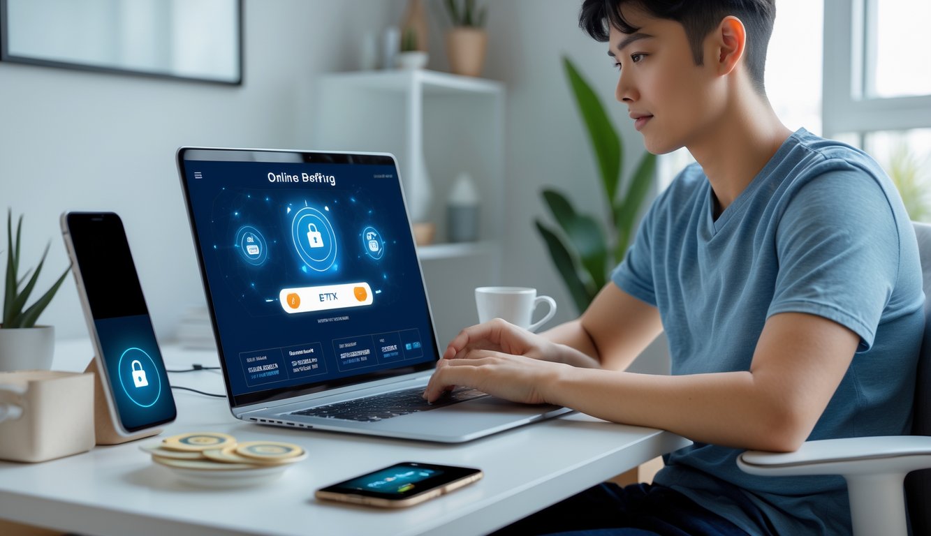 Seorang dewasa muda duduk di meja dengan laptop dan ponsel, fokus menggunakan platform taruhan online dengan aplikasi pembayaran digital di sampingnya.