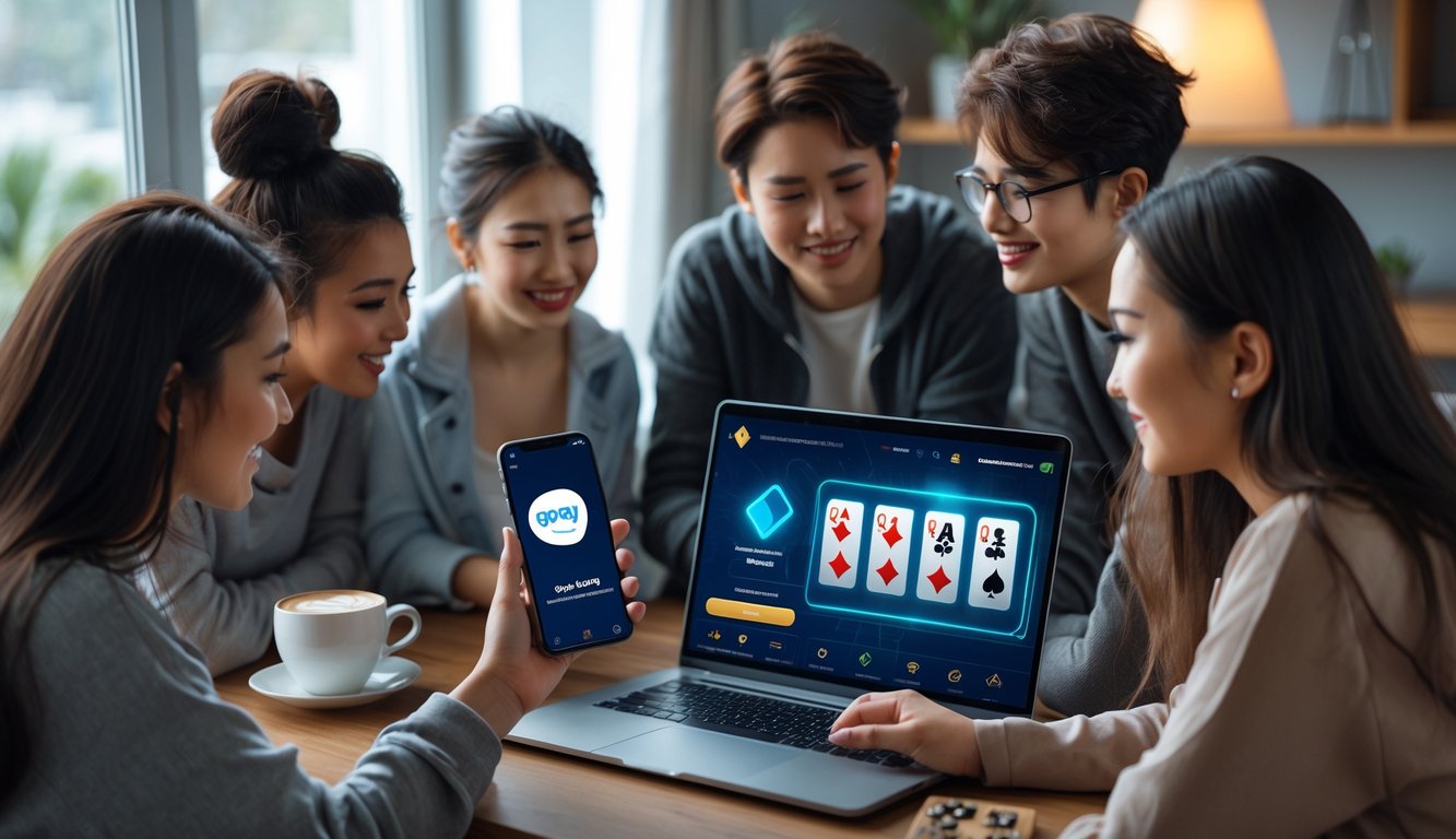 Beberapa orang muda berkumpul di sekitar laptop yang menampilkan permainan kartu online, satu orang memegang ponsel dengan aplikasi Gopay terbuka, di dalam ruangan yang nyaman dan terang.