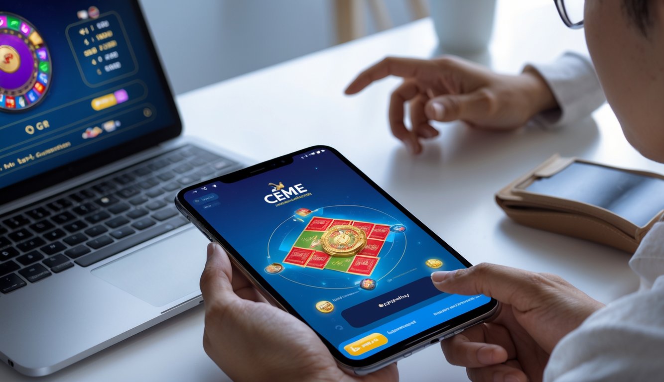 Seseorang menggunakan laptop dan smartphone untuk bermain Ceme online dengan transaksi Gopay di meja kerja.