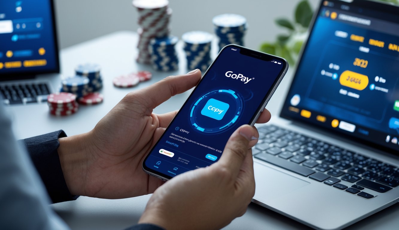 Seseorang menggunakan ponsel pintar untuk melakukan deposit dan taruhan Ceme online dengan GoPay, dengan latar belakang chip poker dan kartu remi.
