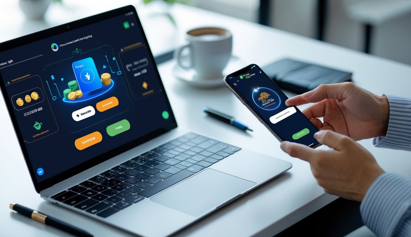 Seseorang menggunakan laptop dan ponsel untuk melakukan deposit dan taruhan Ceme online dengan aplikasi pembayaran digital di meja kerja.
