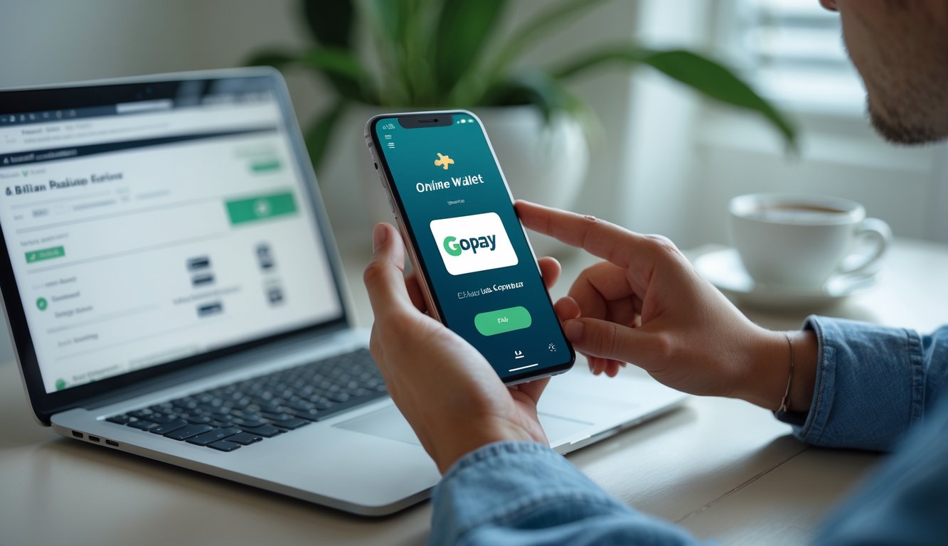 Seorang dewasa muda menggunakan ponsel pintar di meja dengan laptop terbuka, menunjukkan aktivitas taruhan online menggunakan metode pembayaran digital.