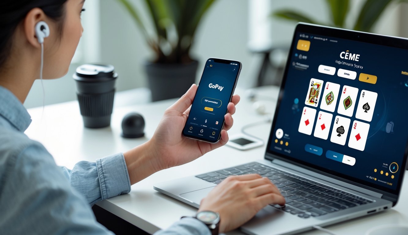 Seseorang menggunakan ponsel dengan aplikasi Gopay sambil bermain permainan kartu online di laptop di meja kerja yang rapi.