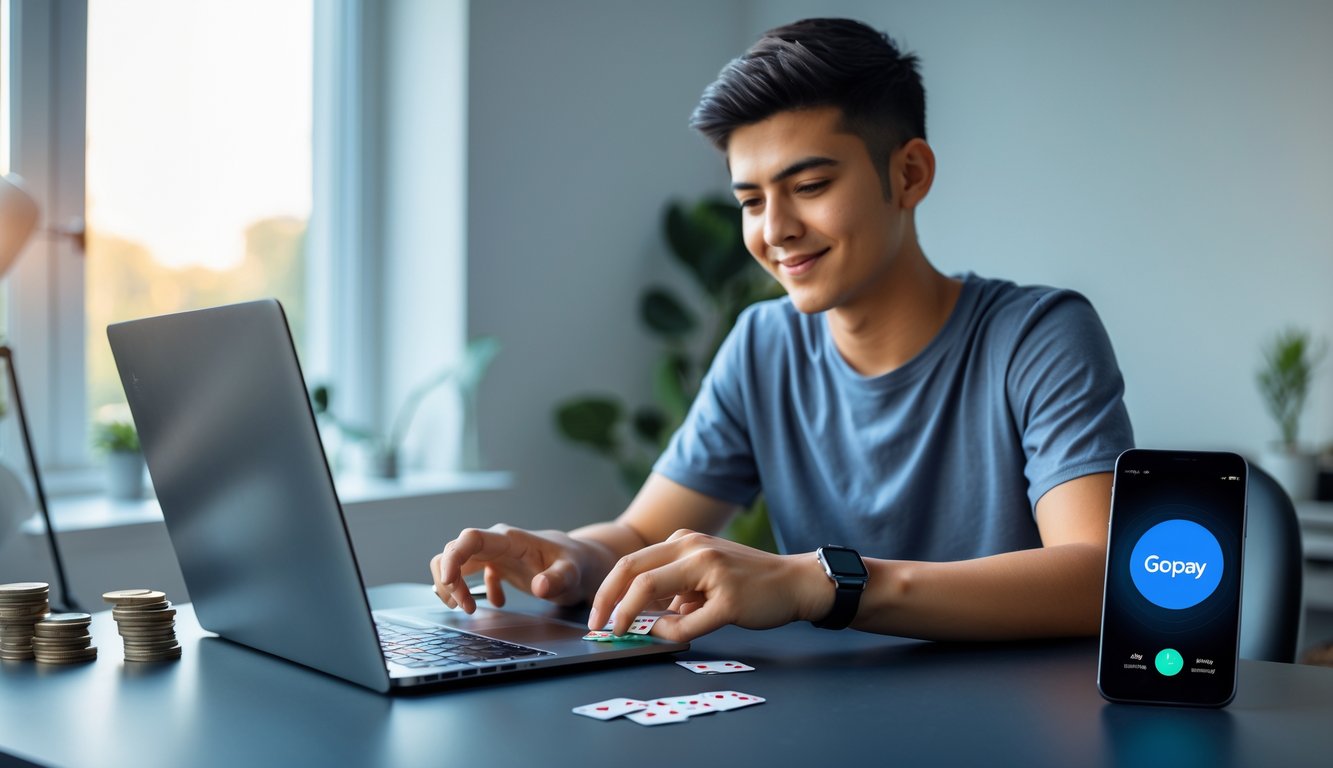 Seorang dewasa muda bermain permainan kartu online di laptop dengan ponsel menampilkan aplikasi pembayaran digital di meja yang rapi di rumah.