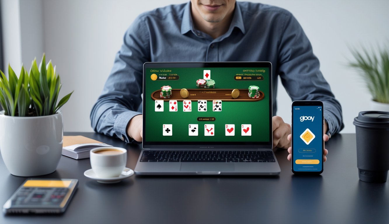 Seorang pria muda duduk di meja dengan laptop dan ponsel yang menampilkan aplikasi permainan kartu dan pembayaran digital.