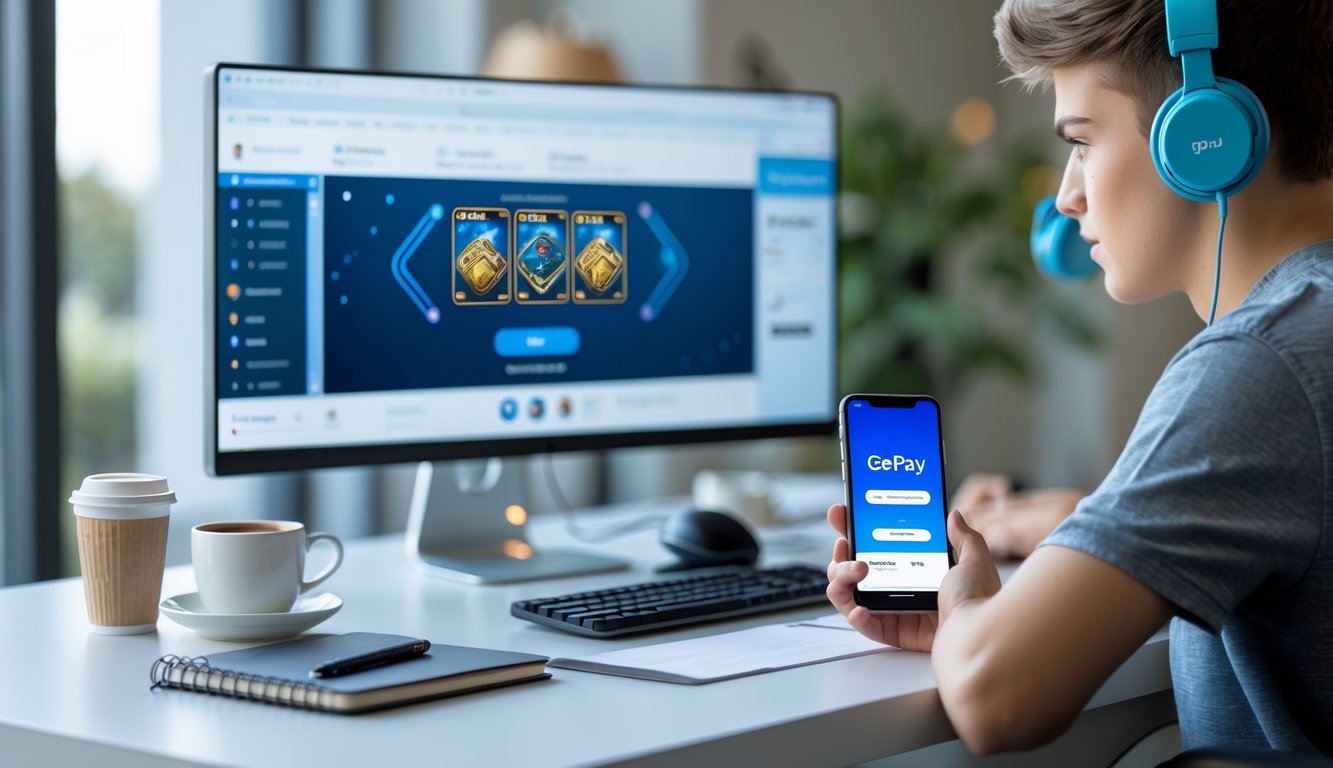 Seorang dewasa muda duduk di meja dengan komputer dan ponsel, bermain game kartu online dan menggunakan aplikasi pembayaran Gopay.