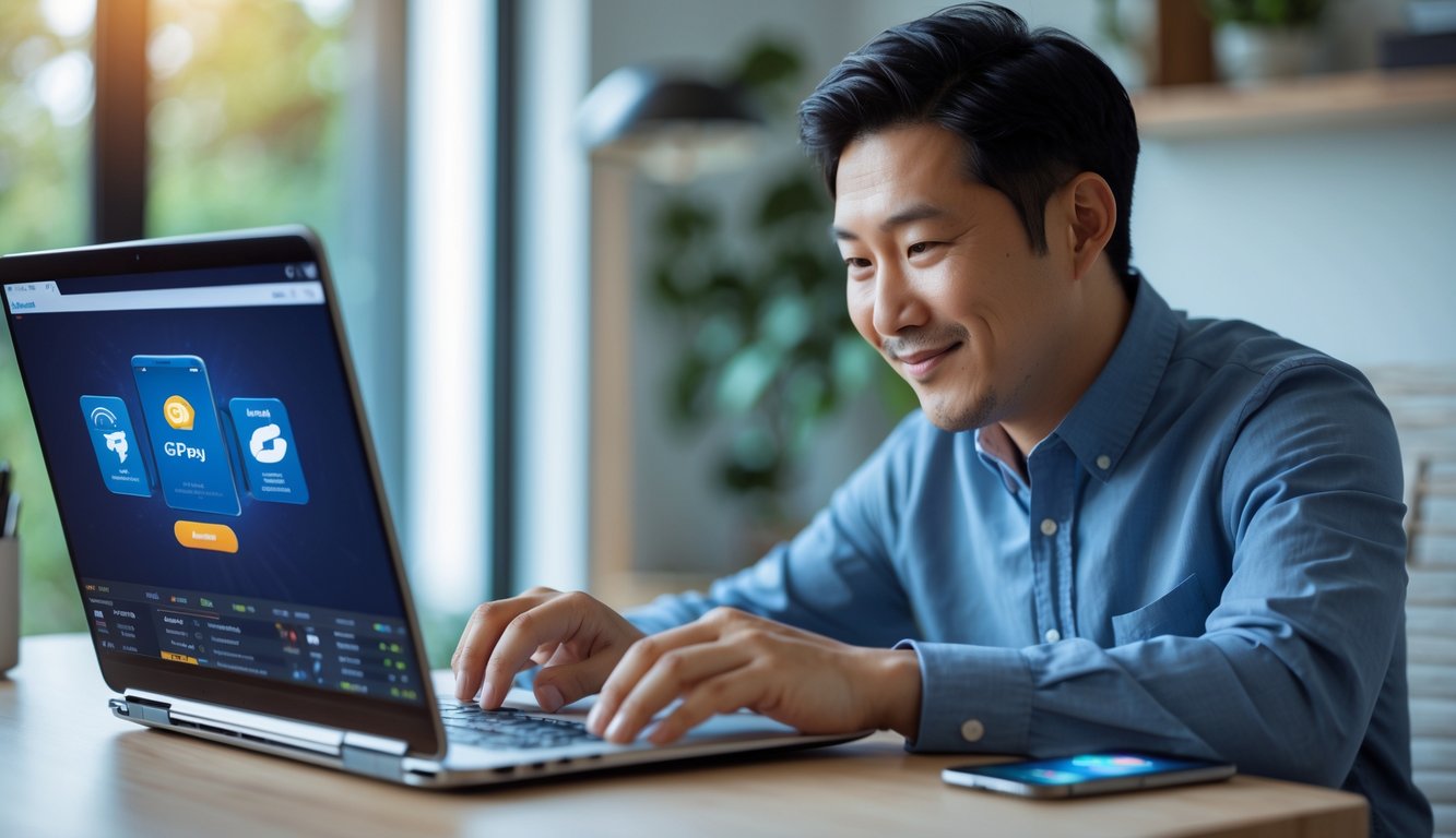 Seorang pria Asia dewasa duduk di meja modern sambil bermain permainan kartu online di laptop dengan latar ruang kerja rumah yang nyaman dan pencahayaan alami.