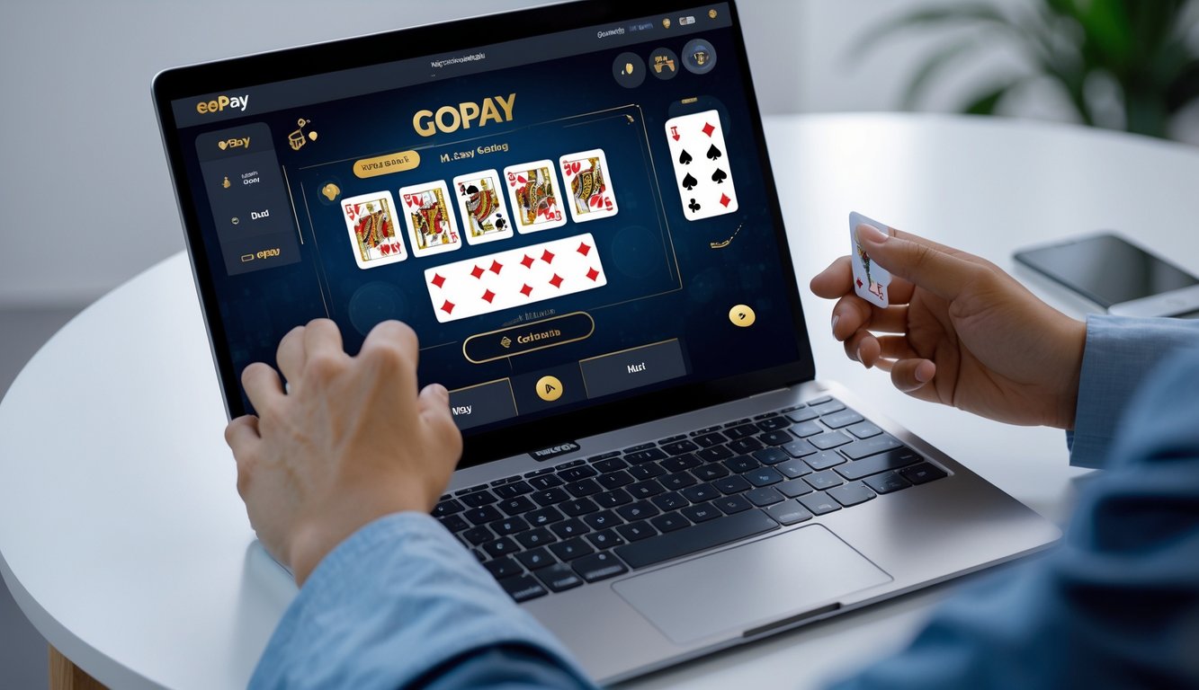Seseorang menggunakan laptop dan ponsel untuk bermain judi online dan melakukan pembayaran dengan Gopay.