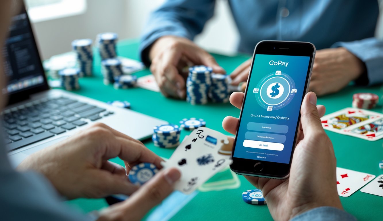 Tangan seseorang memegang ponsel yang menampilkan aplikasi dompet digital dengan logo Gopay, di latar belakang terdapat elemen permainan kartu dan chip poker.
