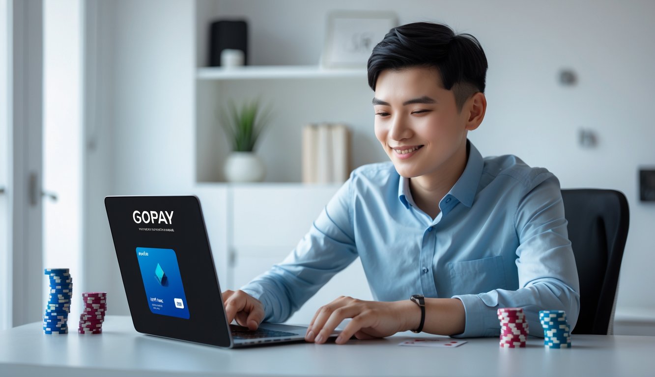 Seseorang duduk di meja dengan laptop dan ponsel, bermain permainan kartu online dan menggunakan aplikasi dompet digital.