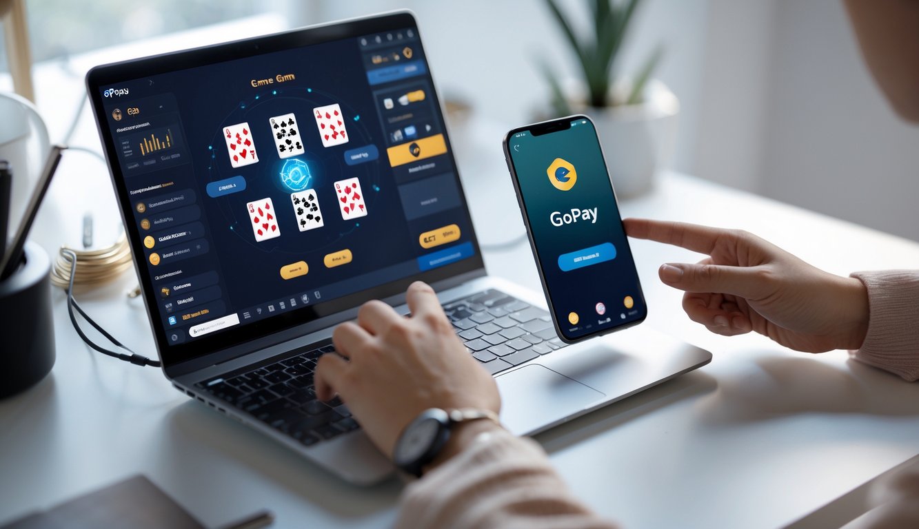 Seseorang bermain permainan kartu online dengan laptop dan menggunakan aplikasi Gopay di ponsel di atas meja kerja.
