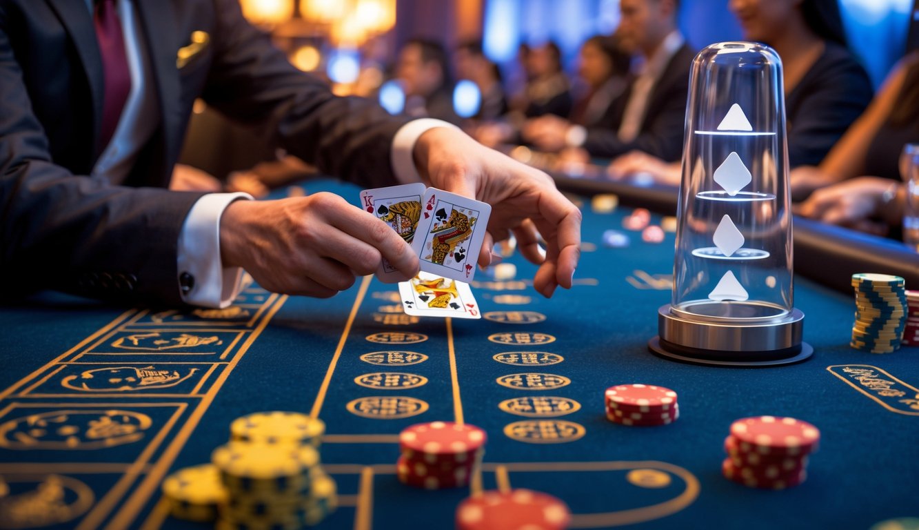 Suasana kasino dengan dealer yang sedang mengelola permainan Dragon Tiger dan Sic Bo di meja permainan dengan dadu dan kartu.