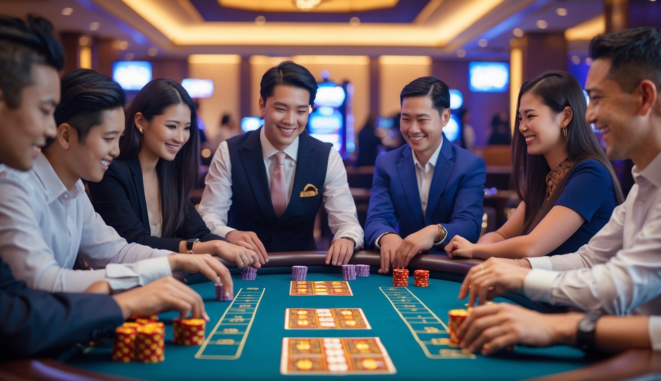 Suasana kasino dengan pemain dan dealer yang sedang bermain permainan Dragon Tiger dan Sic Bo di meja permainan.