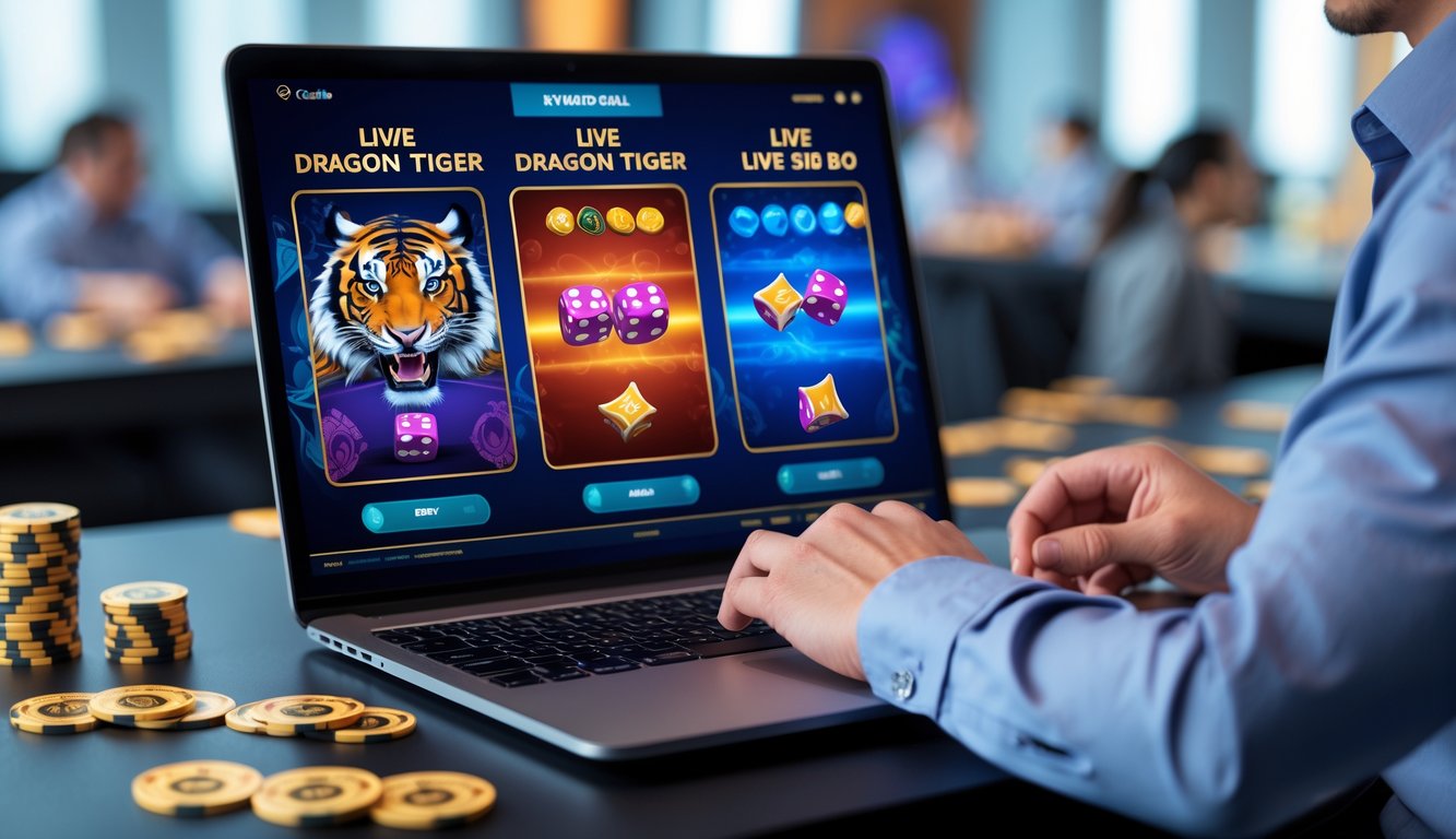 Seorang pemain sedang menggunakan komputer dengan tampilan permainan Live Dragon Tiger dan Live Sic Bo online, di meja dengan chip dan dadu.