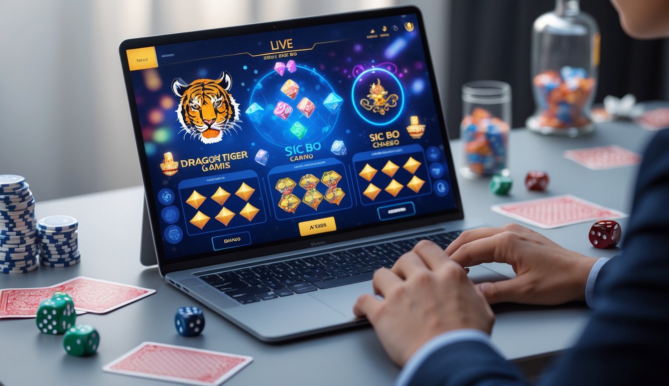 Seseorang sedang bermain permainan Dragon Tiger dan Sic Bo secara online menggunakan komputer dengan kartu dan dadu di meja.