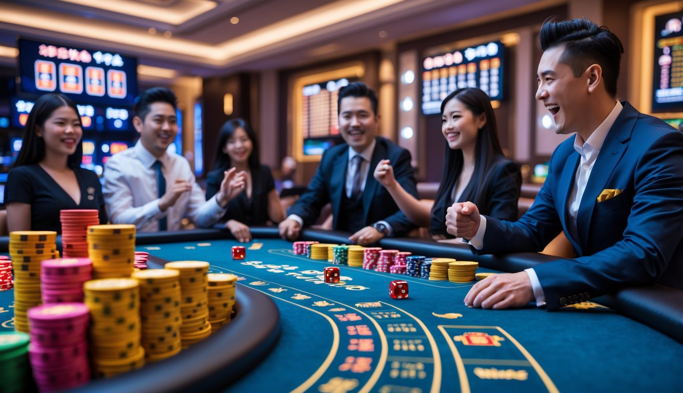 Suasana meja permainan kasino dengan dealer dan pemain yang fokus bermain Dragon Tiger dan Sic Bo.