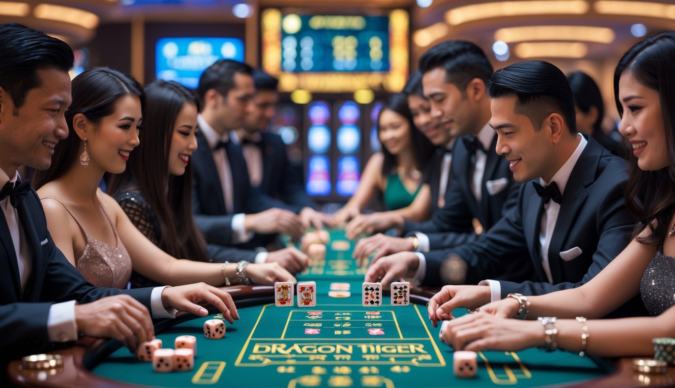 Meja permainan kasino dengan pemain dan dealer yang sedang bermain Dragon Tiger dan Sic Bo.