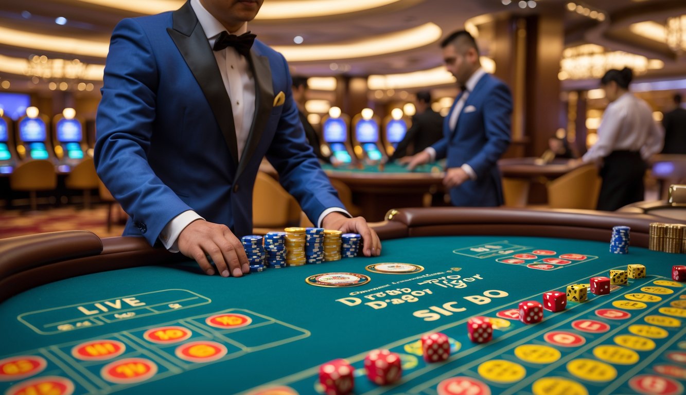 Seorang dealer profesional sedang mengelola meja permainan Dragon Tiger dan Sic Bo dengan pemain yang sedang memasang taruhan di kasino.