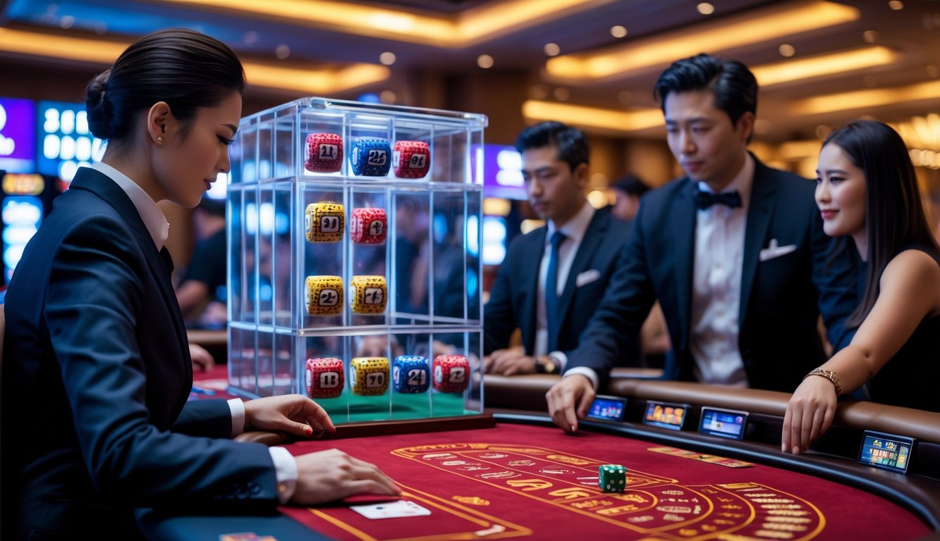 Seorang dealer dan pemain di meja permainan Dragon Tiger dan Sic Bo di kasino dengan dadu dan kartu terlihat jelas.