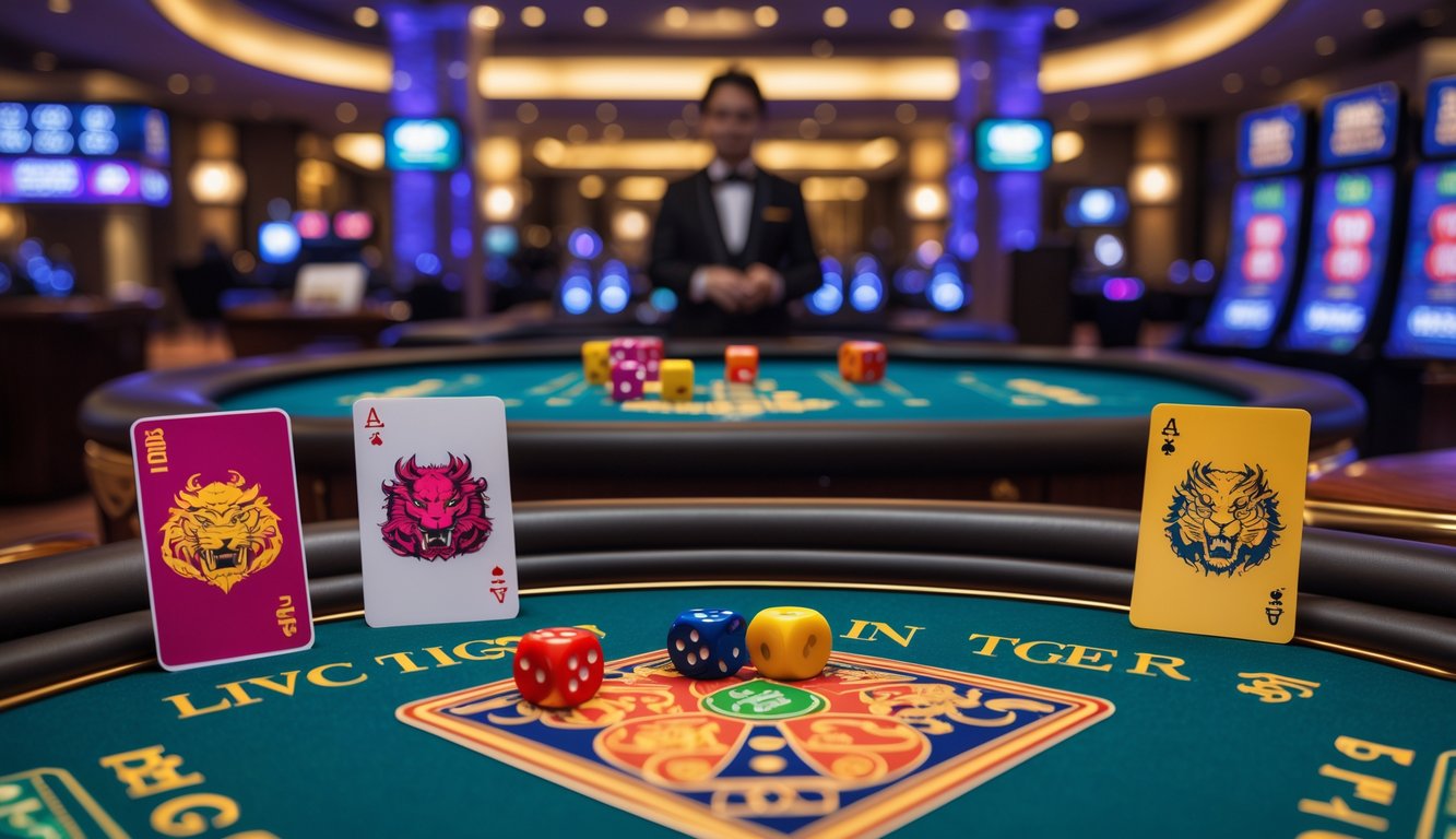 Meja permainan kasino dengan dadu Sic Bo dan kartu Dragon Tiger, dealer mengenakan pakaian formal sedang mengelola permainan di latar belakang kasino yang elegan.