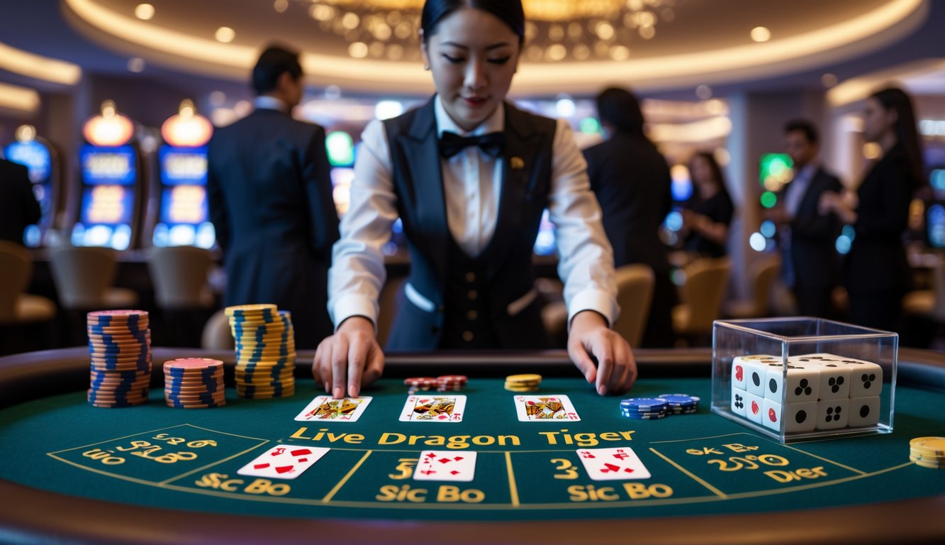 Meja kasino modern dengan dealer yang sedang mengelola permainan Dragon Tiger dan Sic Bo, dengan chip warna-warni dan dadu di dalam wadah transparan.