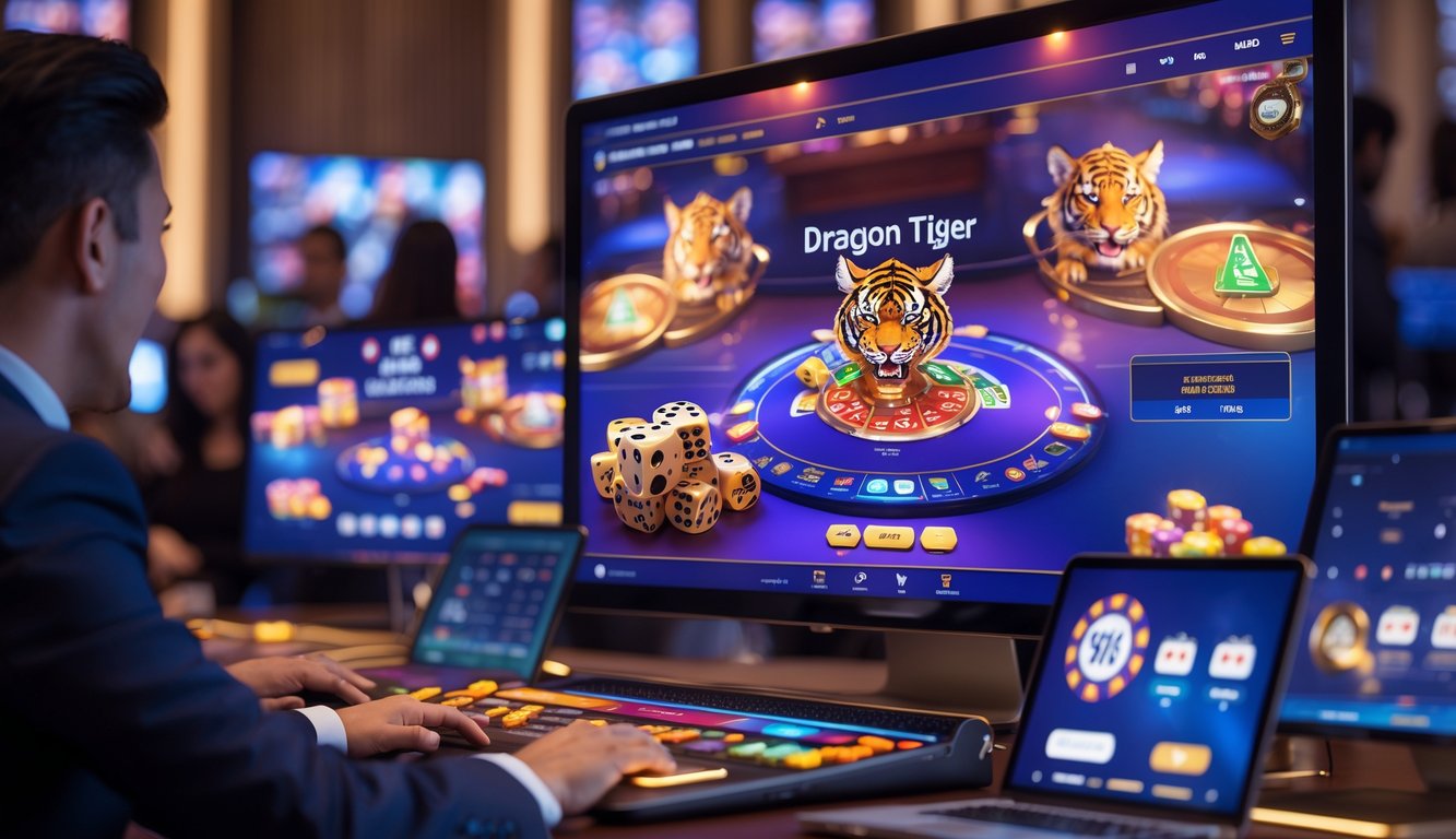 Seorang dealer profesional di depan layar besar menampilkan permainan Dragon Tiger dan Sic Bo secara langsung dengan pemain yang menggunakan laptop dan ponsel.