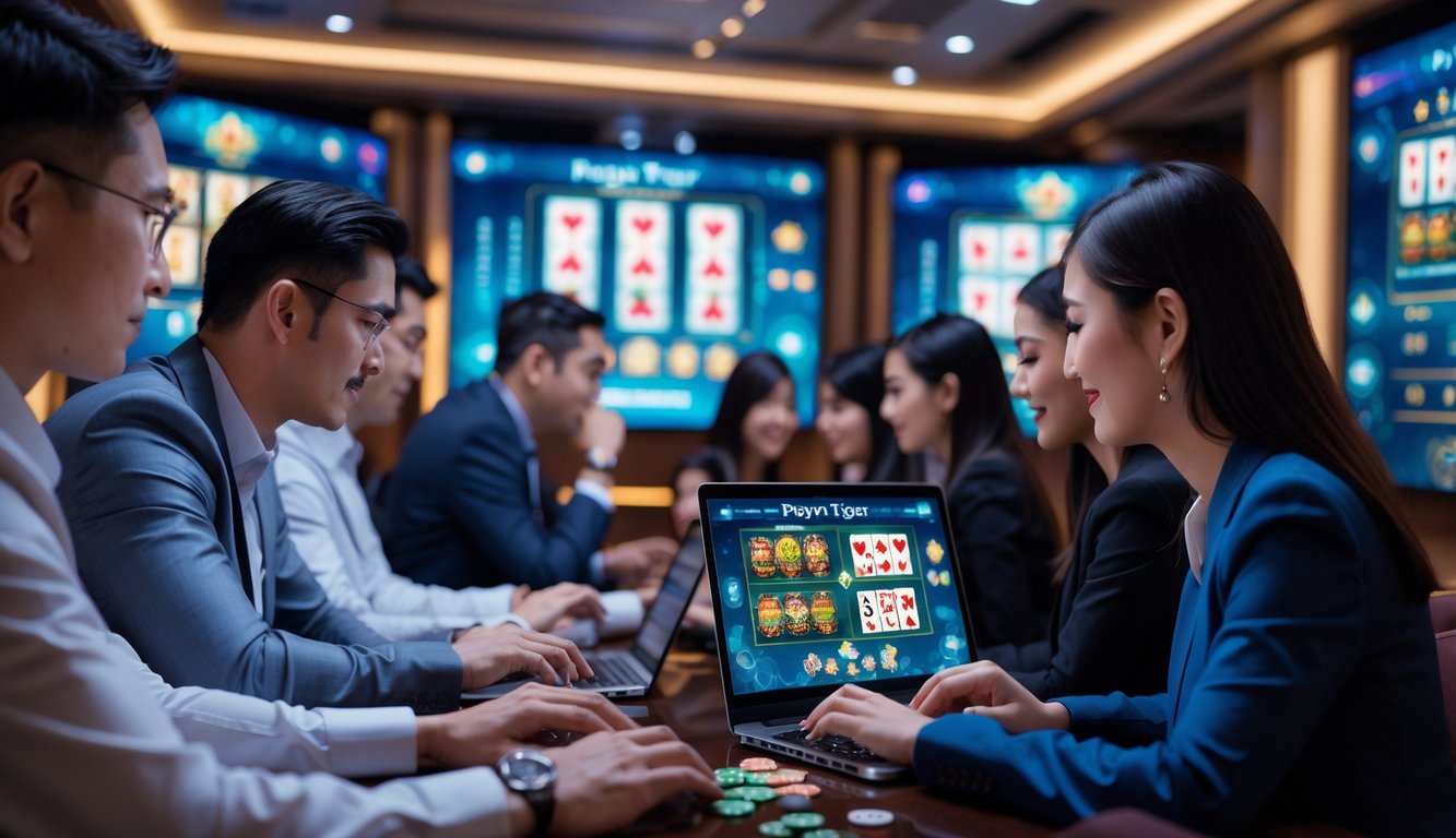 Beberapa orang sedang menggunakan laptop dan ponsel untuk bermain permainan kasino online Dragon Tiger dan Sic Bo di ruangan yang terang dan modern.