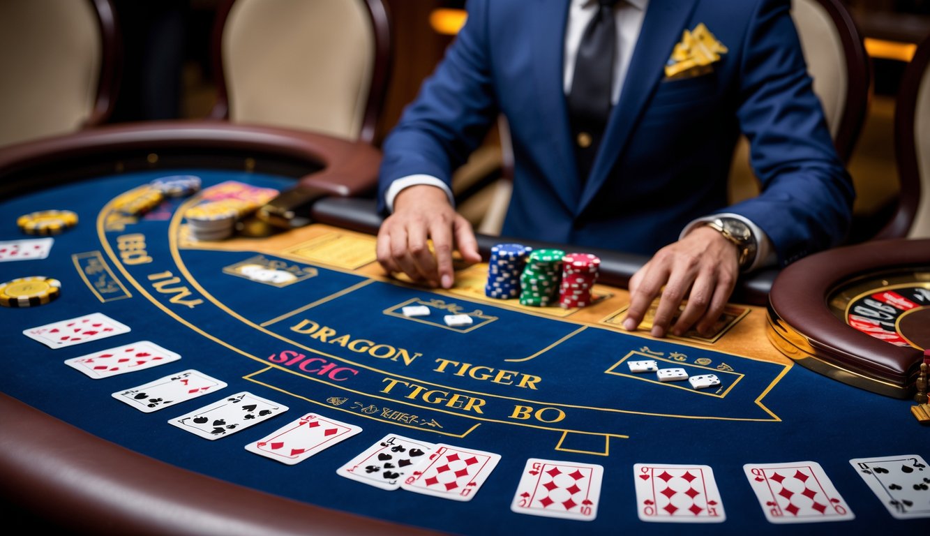 Meja kasino live dengan permainan Dragon Tiger dan Sic Bo, dealer profesional sedang mengelola permainan dengan peralatan permainan terlihat jelas.