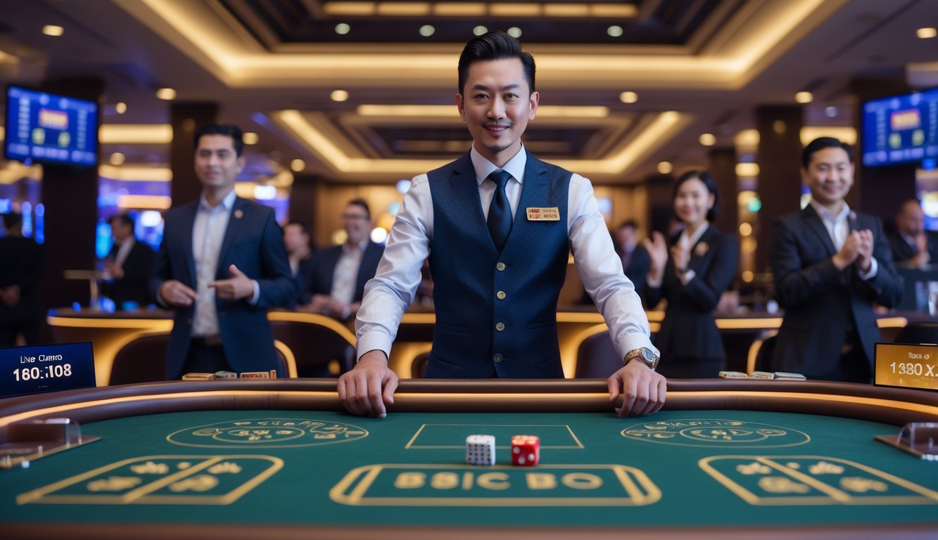 Seorang dealer profesional di meja permainan kasino dengan kartu Dragon Tiger dan dadu Sic Bo, dikelilingi oleh pemain yang memperhatikan dengan serius.