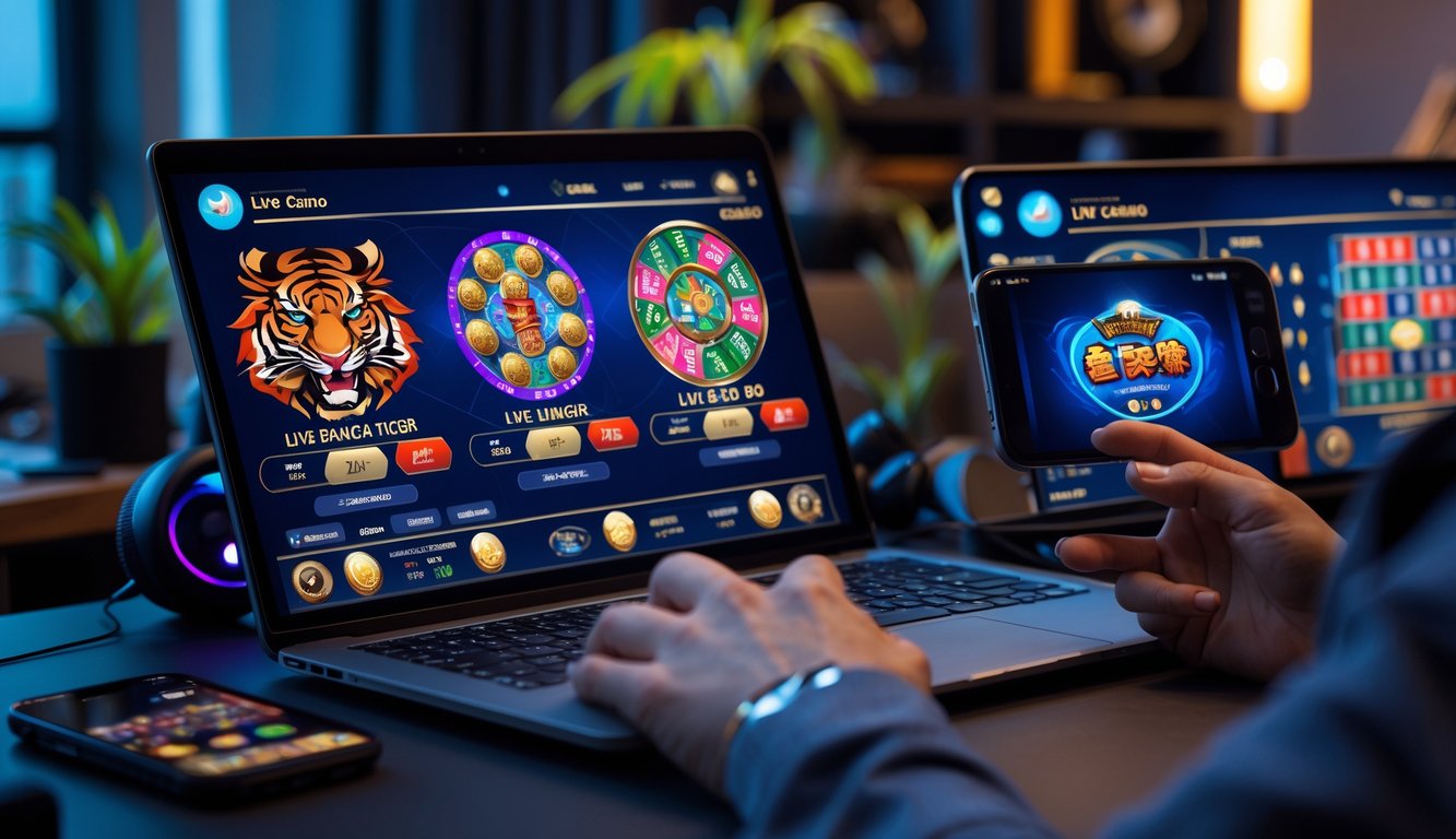 Seseorang menggunakan laptop dan ponsel untuk bermain permainan kasino online Dragon Tiger dan Sic Bo dengan latar ruangan yang nyaman.