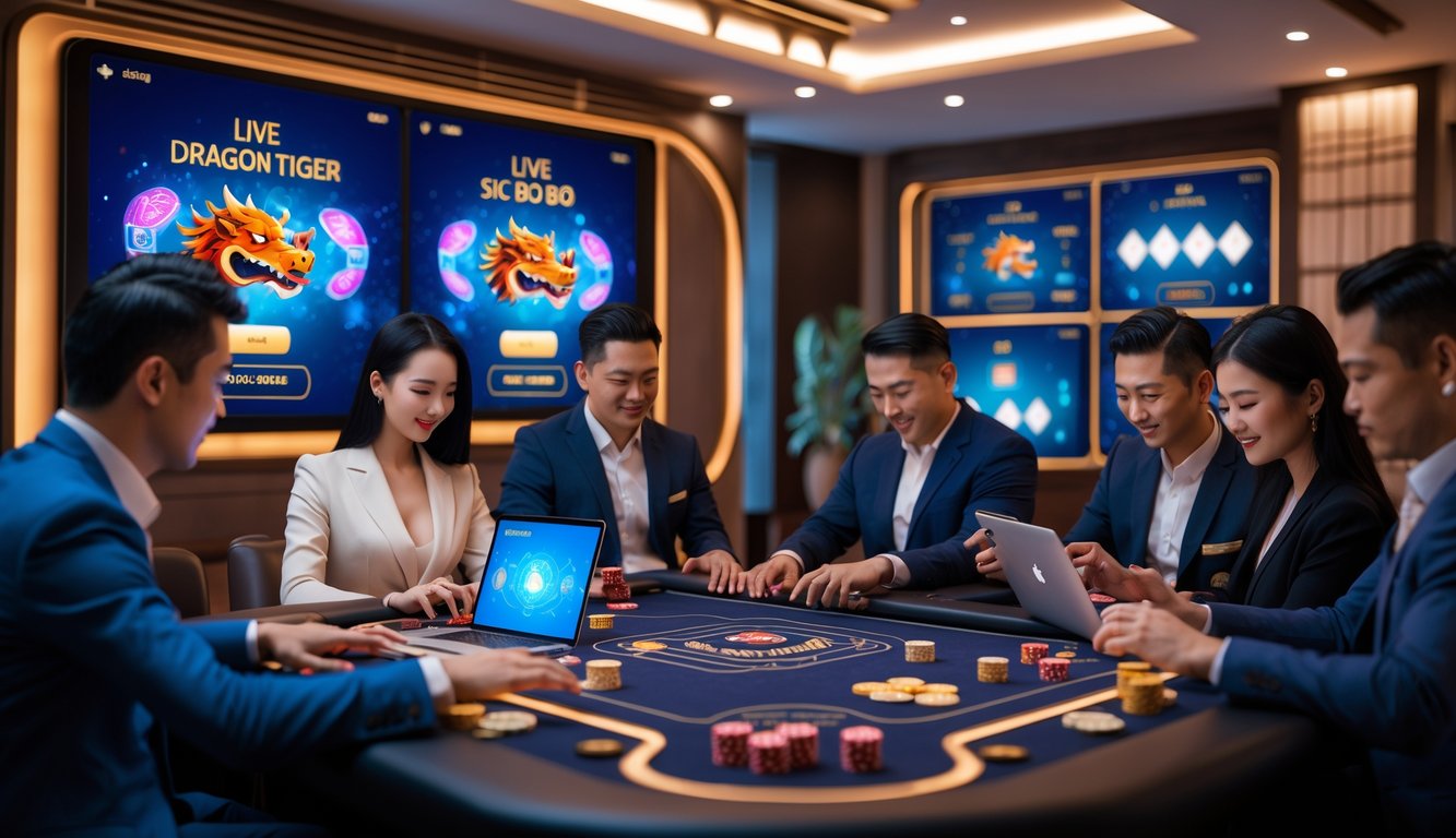 Beberapa orang sedang bermain permainan kasino online Dragon Tiger dan Sic Bo di meja permainan modern dengan layar digital.