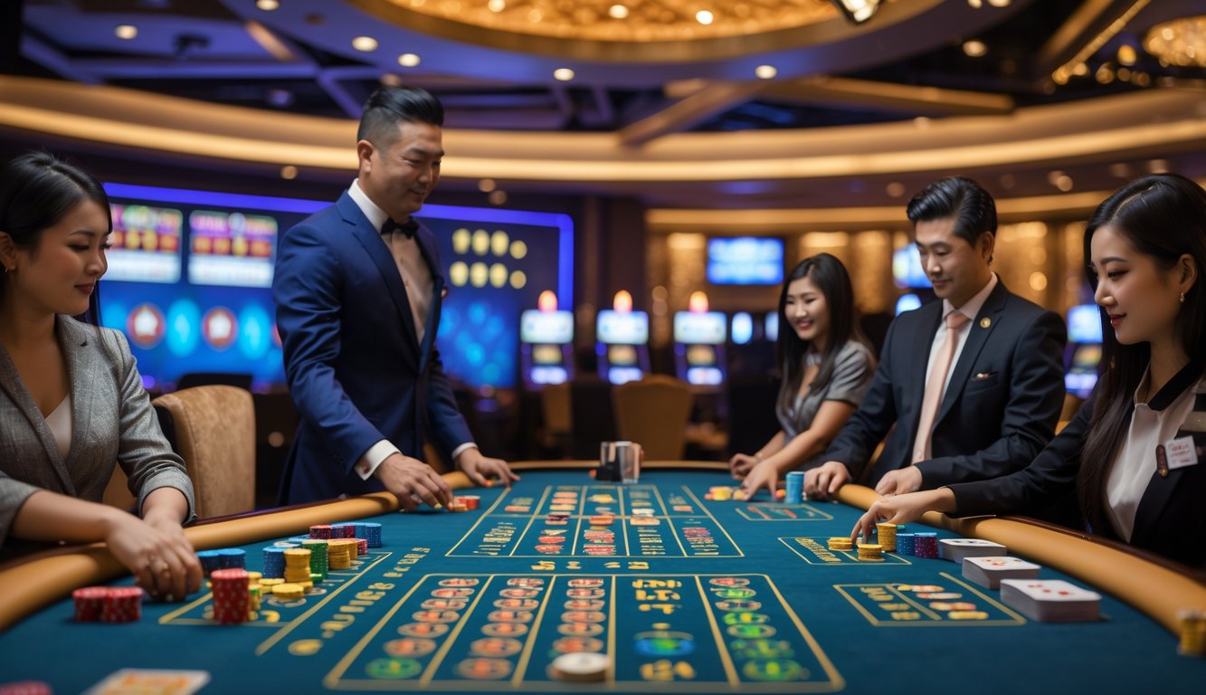 Suasana kasino dengan meja permainan Dragon Tiger dan Sic Bo, dealer sedang mengelola permainan, dan beberapa pemain memperhatikan dengan fokus.