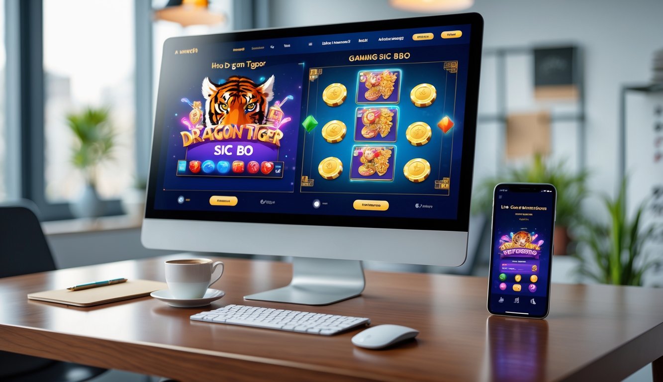 Sebuah meja kerja dengan monitor dan ponsel yang menampilkan antarmuka permainan Dragon Tiger dan Sic Bo secara online, dengan suasana kantor yang rapi dan terang.