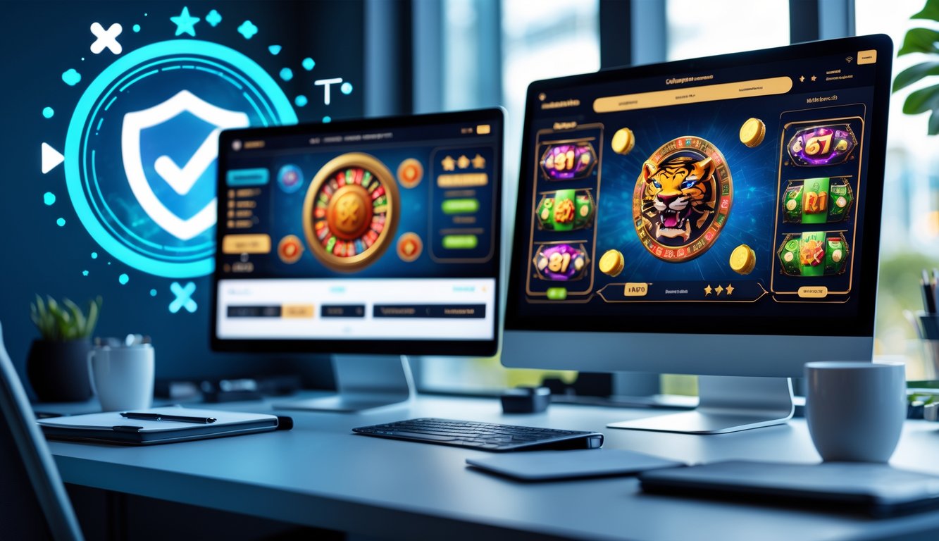 Seorang profesional bekerja di depan komputer dan laptop yang menampilkan permainan kasino langsung Dragon Tiger dan Sic Bo dengan ikon kepercayaan di latar belakang.