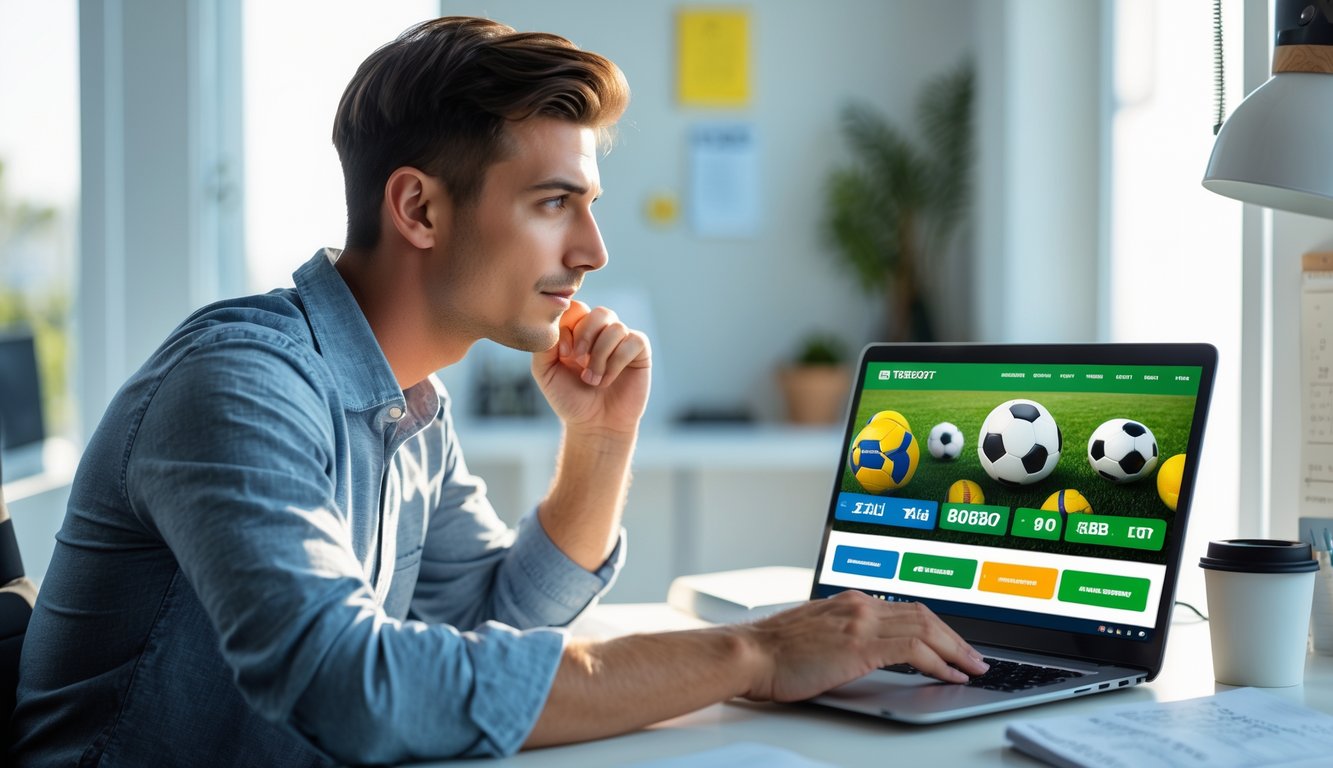 Seorang pria muda duduk di meja kerja dengan laptop yang menampilkan situs taruhan bola online, dikelilingi oleh smartphone dan alat tulis di ruang kerja yang terang.
