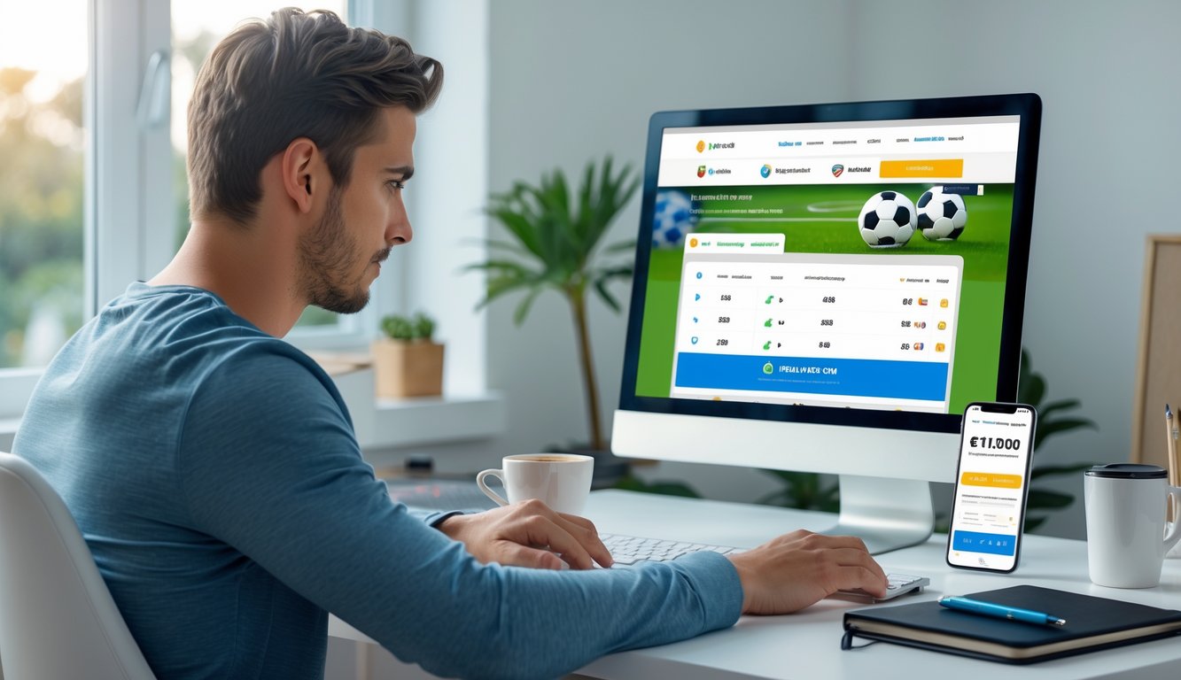 Seorang pria muda duduk di meja kerja dengan laptop yang menampilkan situs taruhan bola online, di sekitarnya terdapat kopi, buku catatan, dan ponsel dengan konfirmasi pembayaran.