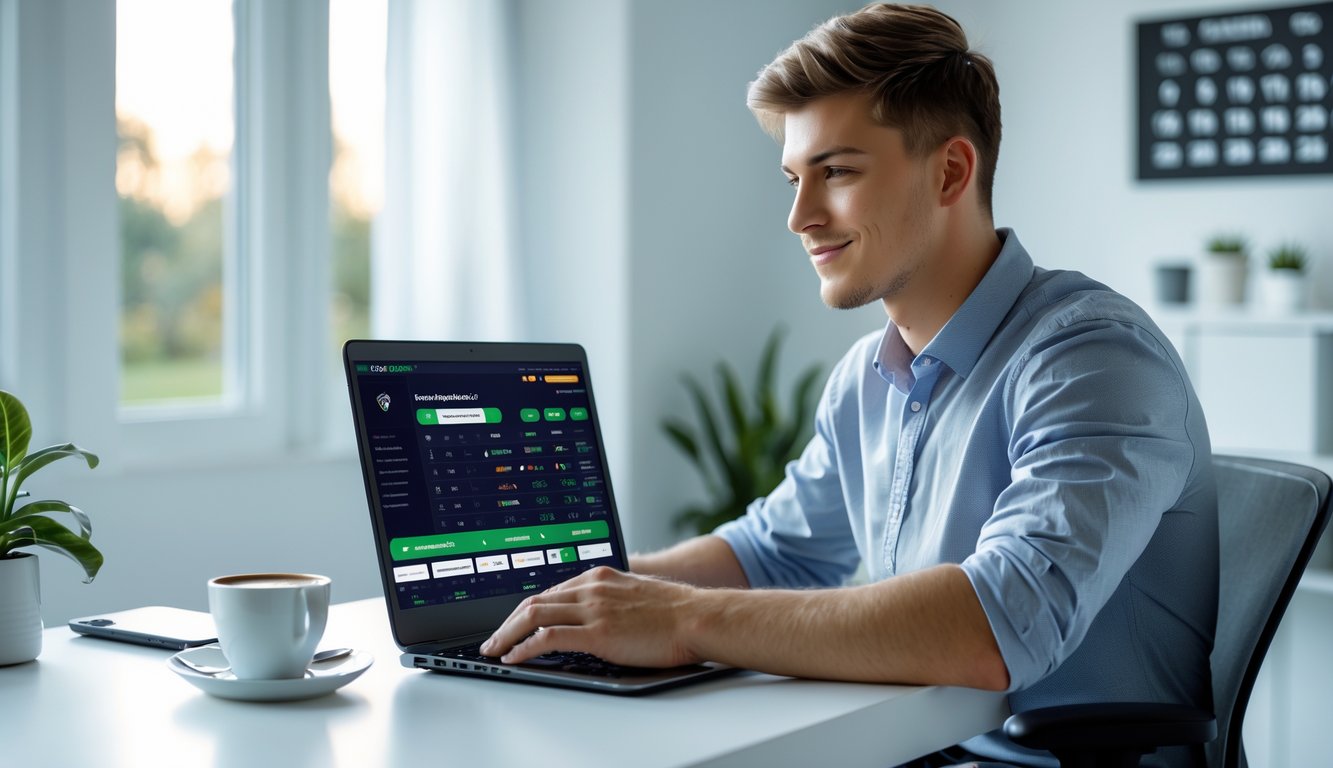 Seorang pria muda duduk di meja dengan laptop membuka situs taruhan olahraga, terlihat fokus dan santai di ruang kerja rumah yang terang.