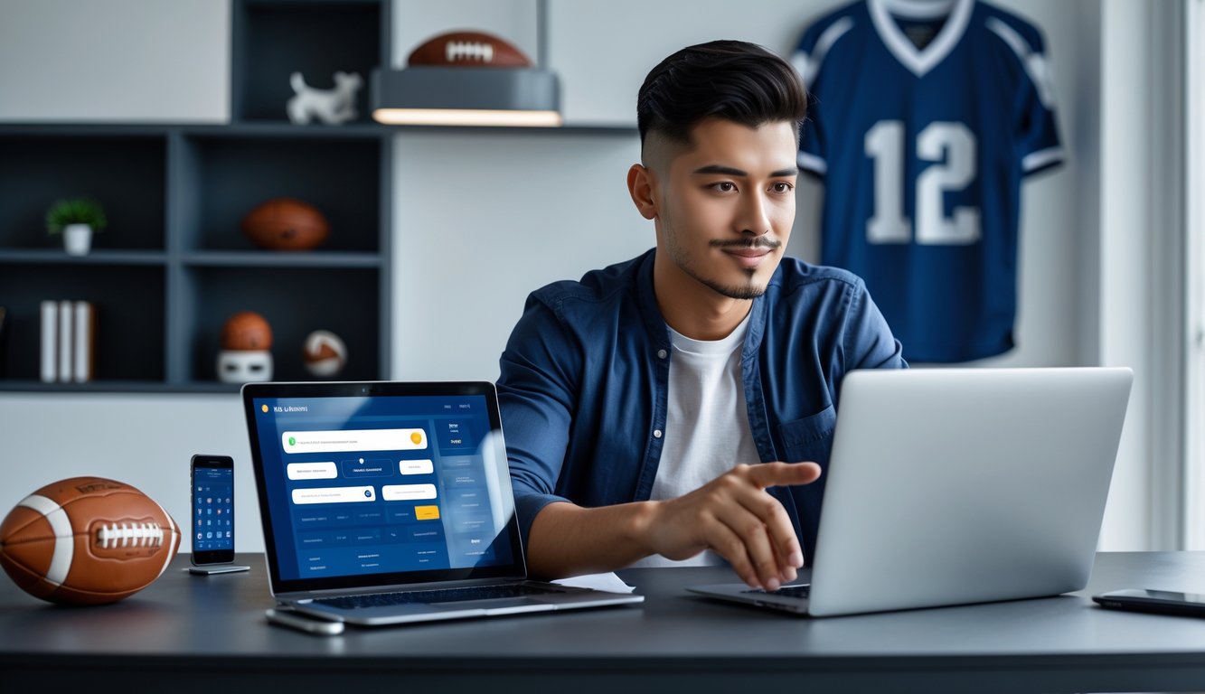 Seorang pria muda duduk di meja dengan laptop dan ponsel, terlihat fokus menggunakan platform taruhan bola online di ruang kerja modern.