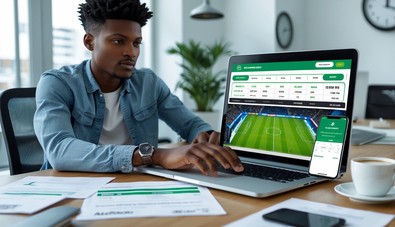 Seseorang sedang menggunakan laptop di meja kerja dengan tampilan situs taruhan bola online, dikelilingi dokumen dan ponsel, di ruang kantor yang terang dan rapi.