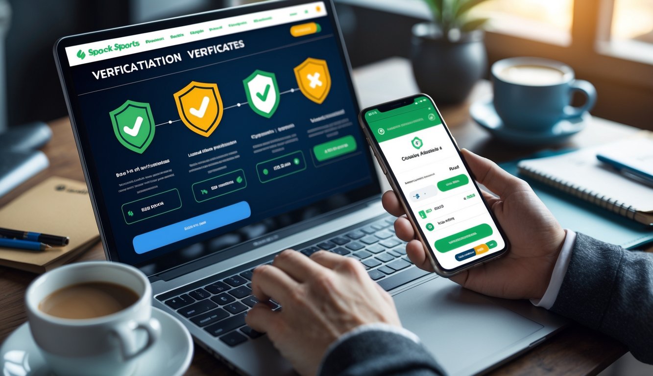 Seseorang sedang menggunakan laptop dan ponsel untuk proses verifikasi dan pembayaran cepat pada platform taruhan bola online.