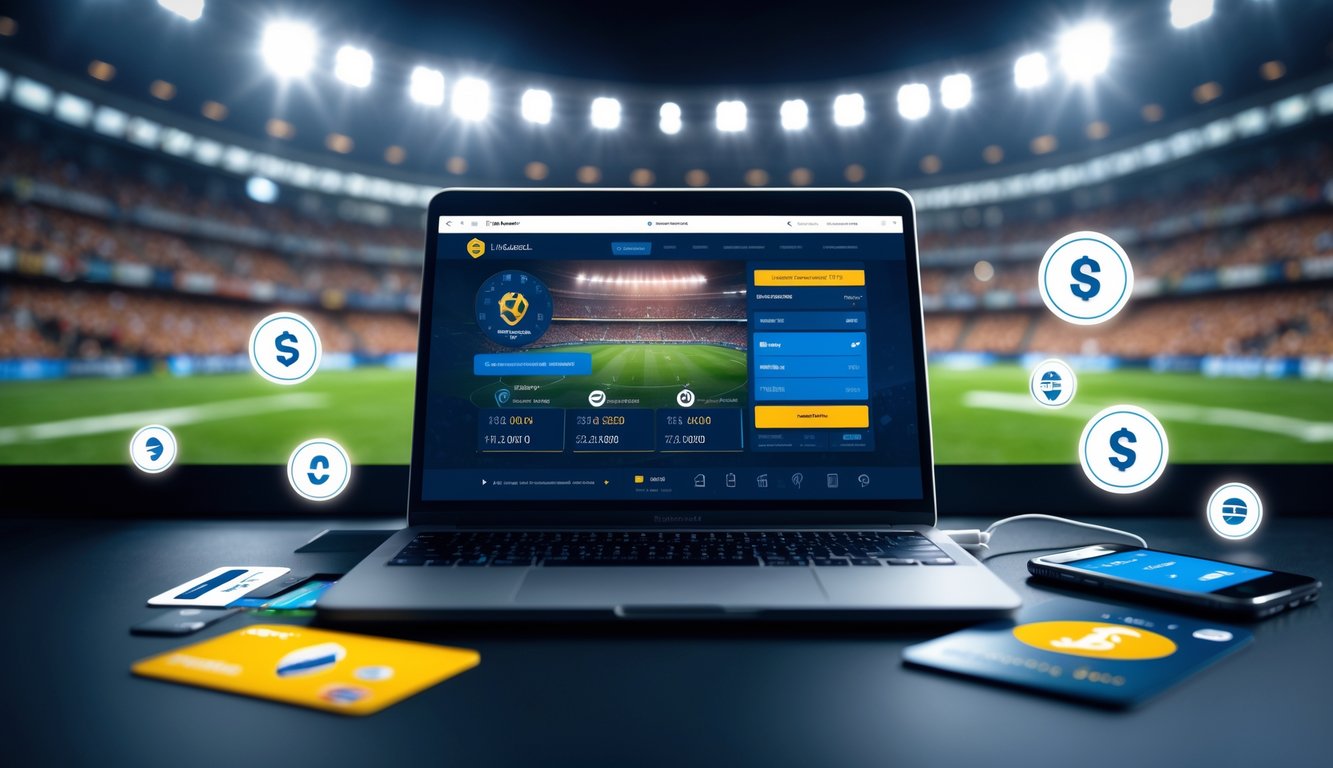Seorang pengguna sedang menggunakan laptop di meja kerja dengan tampilan situs taruhan bola online, dikelilingi oleh ponsel dan kartu pembayaran, dengan latar belakang stadion sepak bola yang ramai.