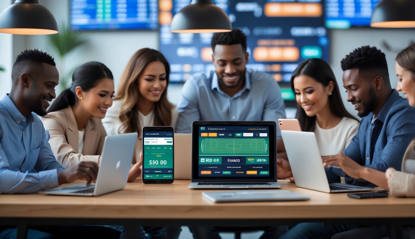 Orang-orang menggunakan perangkat digital untuk taruhan bola online dengan suasana kerja modern dan profesional.