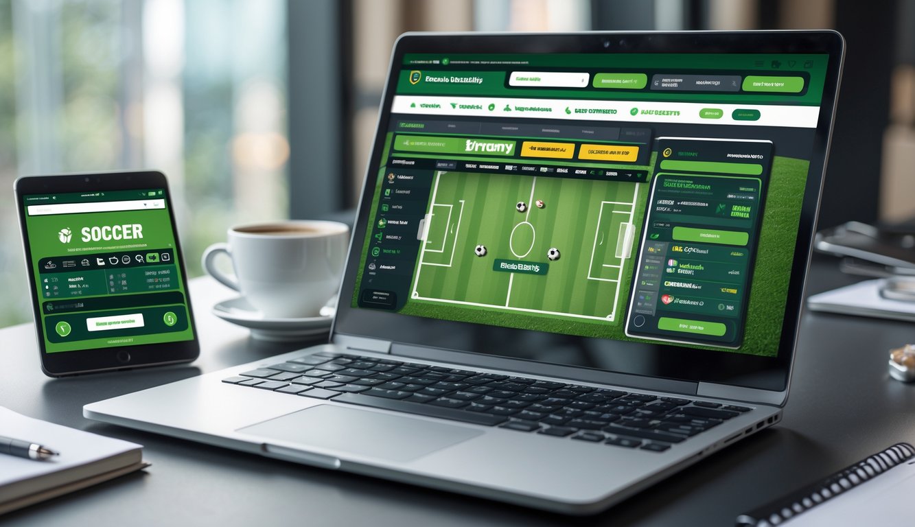 Seorang pengguna bekerja dengan laptop dan perangkat lain yang menampilkan situs taruhan bola online dengan pertandingan sepak bola yang sedang berlangsung.