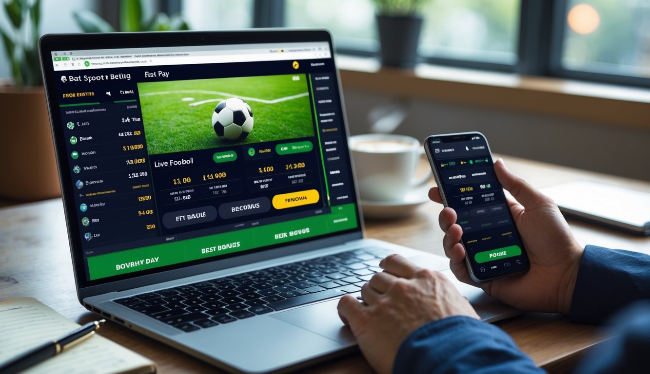 Seorang pengguna sedang memasang taruhan bola online dengan laptop dan ponsel di meja kerja yang rapi.