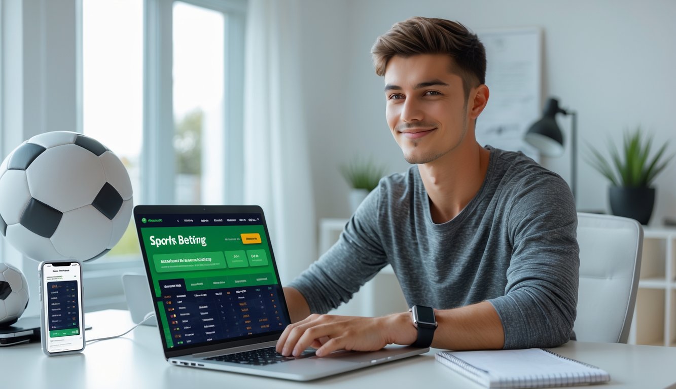 Seorang pria muda duduk di meja modern dengan laptop, di sekitarnya ada bola sepak dan ponsel, menunjukkan suasana kerja taruhan olahraga online.