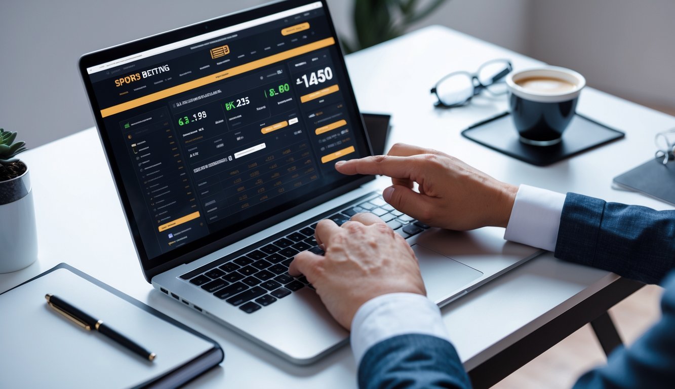 Seseorang sedang menggunakan laptop dan ponsel di meja kerja untuk strategi taruhan bola online dengan suasana yang teratur dan fokus.