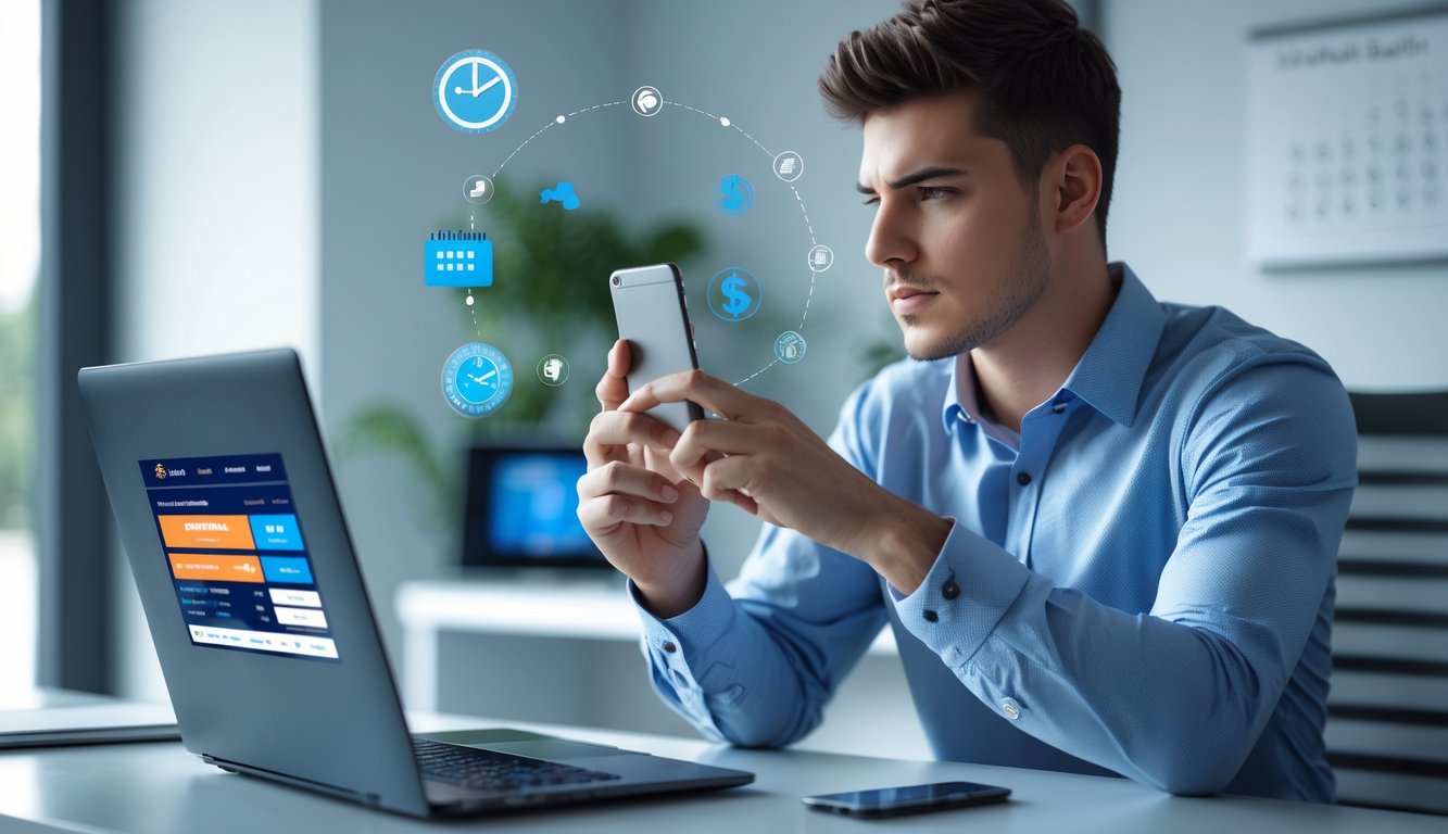 Seorang pria muda sedang menggunakan laptop dan ponsel untuk melakukan transaksi keuangan cepat di rumah.