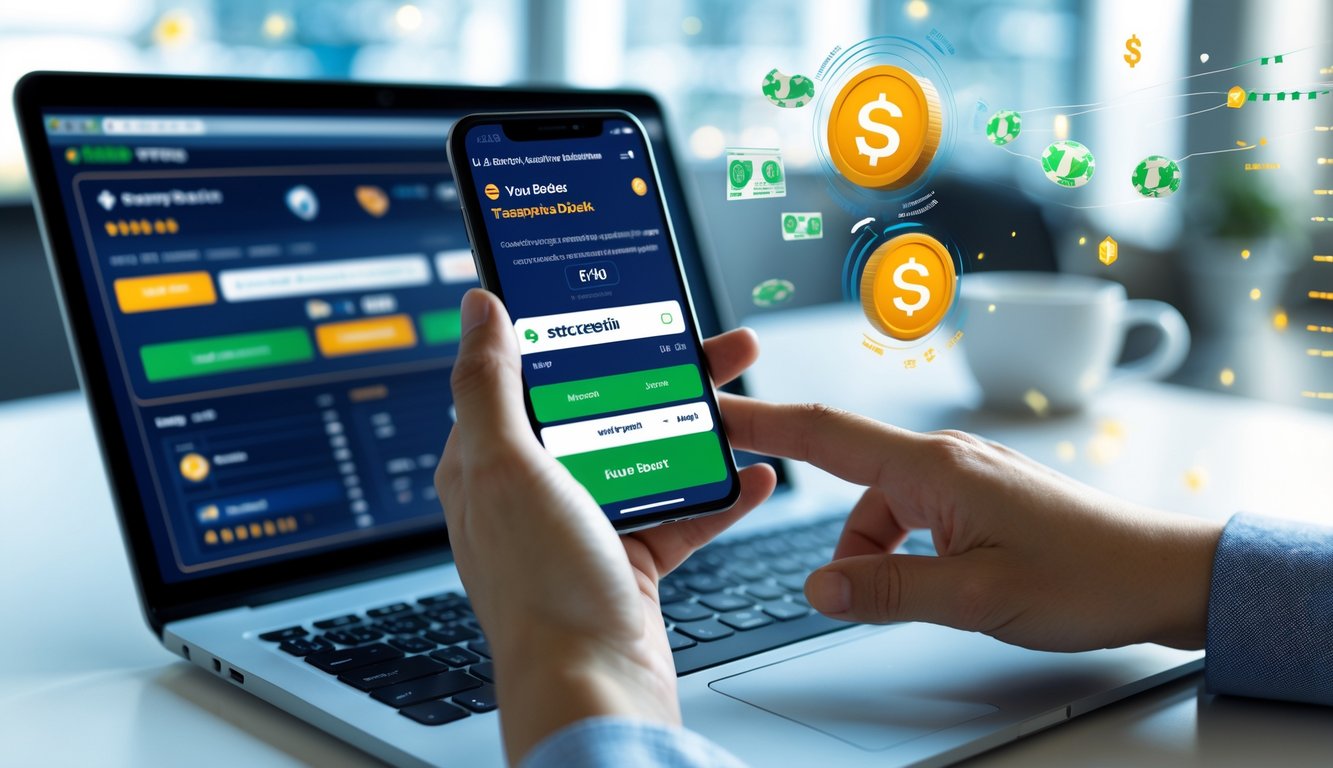 Seseorang menggunakan laptop dan ponsel untuk melakukan transaksi taruhan bola online dengan cepat.