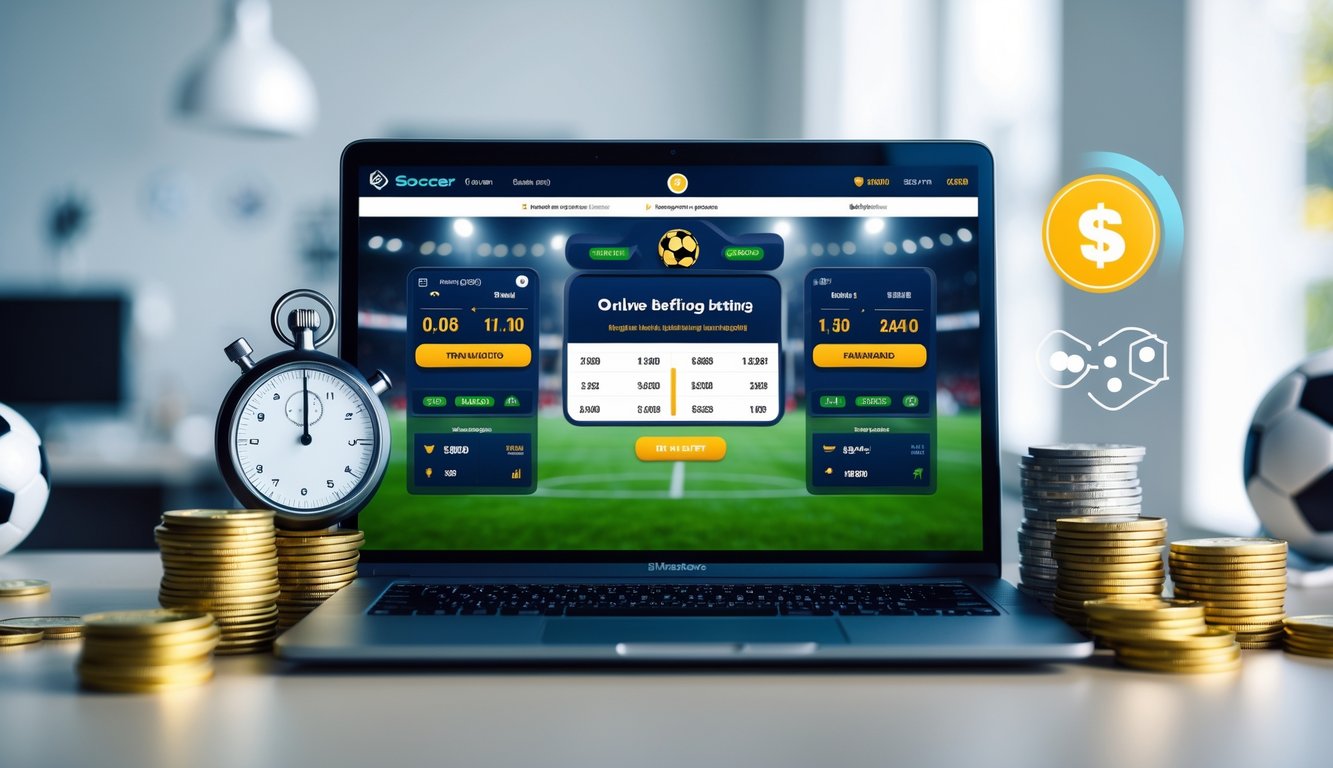 Seorang pengguna sedang melihat layar komputer dengan tampilan situs taruhan bola online, dikelilingi oleh simbol kecepatan dan keamanan di ruang kerja yang rapi.